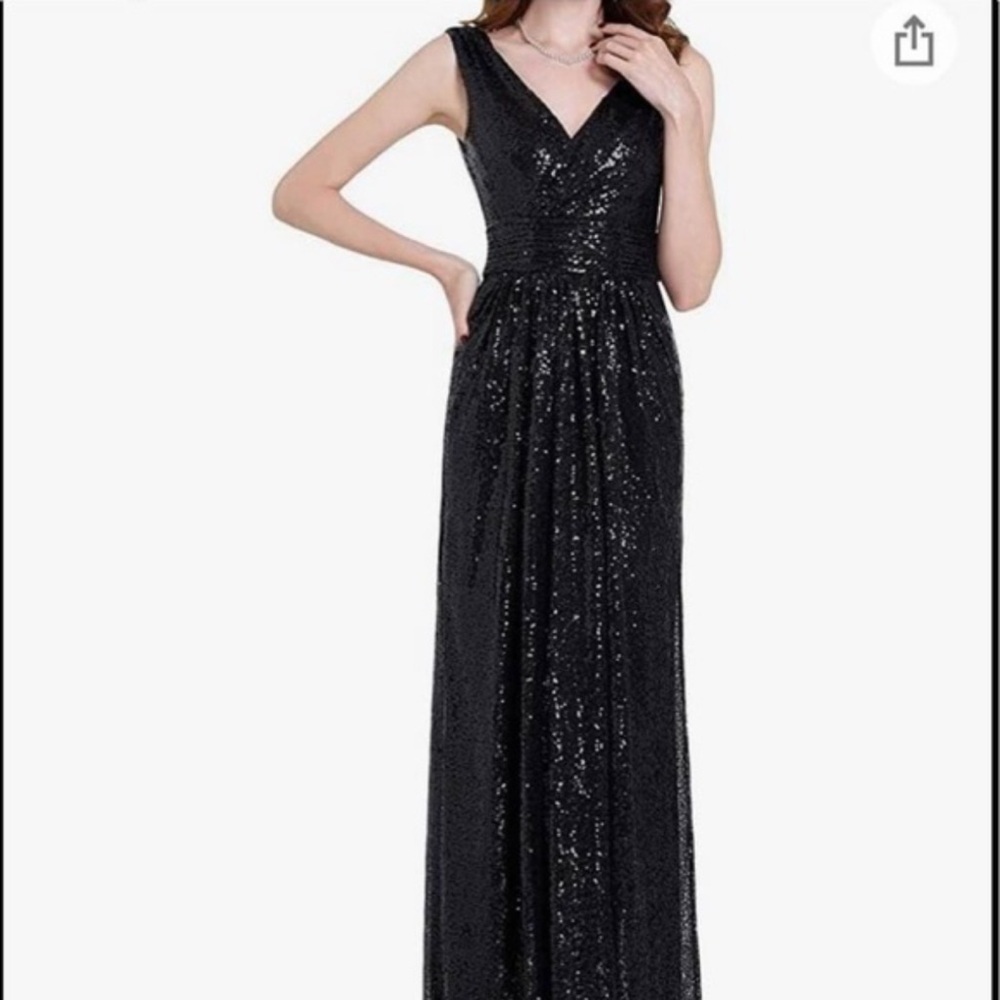 Kate Kasin Elegant Black Sequin V-Neck Evening Dress 14